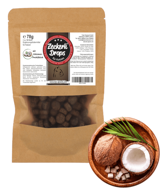Zeckerli® Drops Katze – Natürliche Ergänzung mit Kokosnuss, Kardewurzel & Zitwerwurzel - Tier Glück