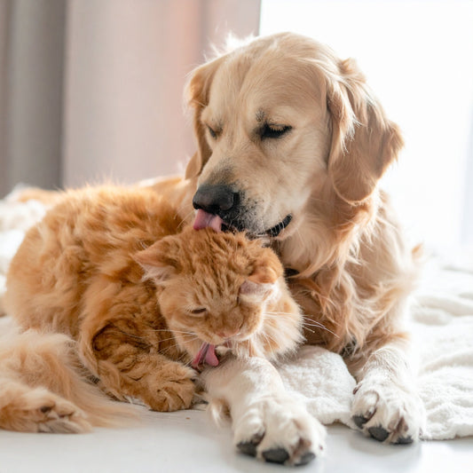 Hund und Katze im Freien bei mildem Winterwetter im frühen Frühjahr