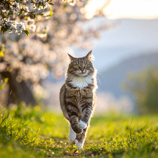 Aktive Katze springt im Wohnzimmer bei hellem Tageslicht