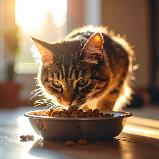 Katze sitzt ruhig vor zwei kleinen Futternäpfen im Tageslicht