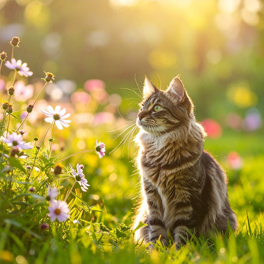 Freigängerkatze läuft im Frühling durch Garten mit hohem Gras