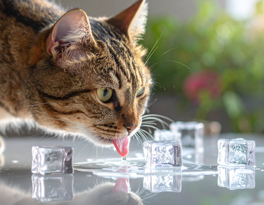 Katze trinkt aus einem Wassernapf mit einem Eiswürfel an einem heißen Sommertag.