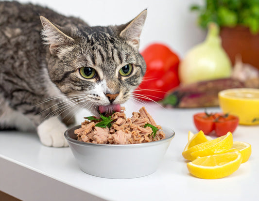 Katze schnuppert neugierig an einer kleinen Portion Thunfisch in einer Schale.
