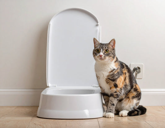 Katze benutzt eine Katzentoilette mit Streu in einer ruhigen Wohnung