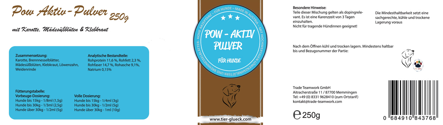 Pow Aktiv Pulver mit Brennnesselblätter, Mädelsüßblüten & Weidenrinde - für Hunde
