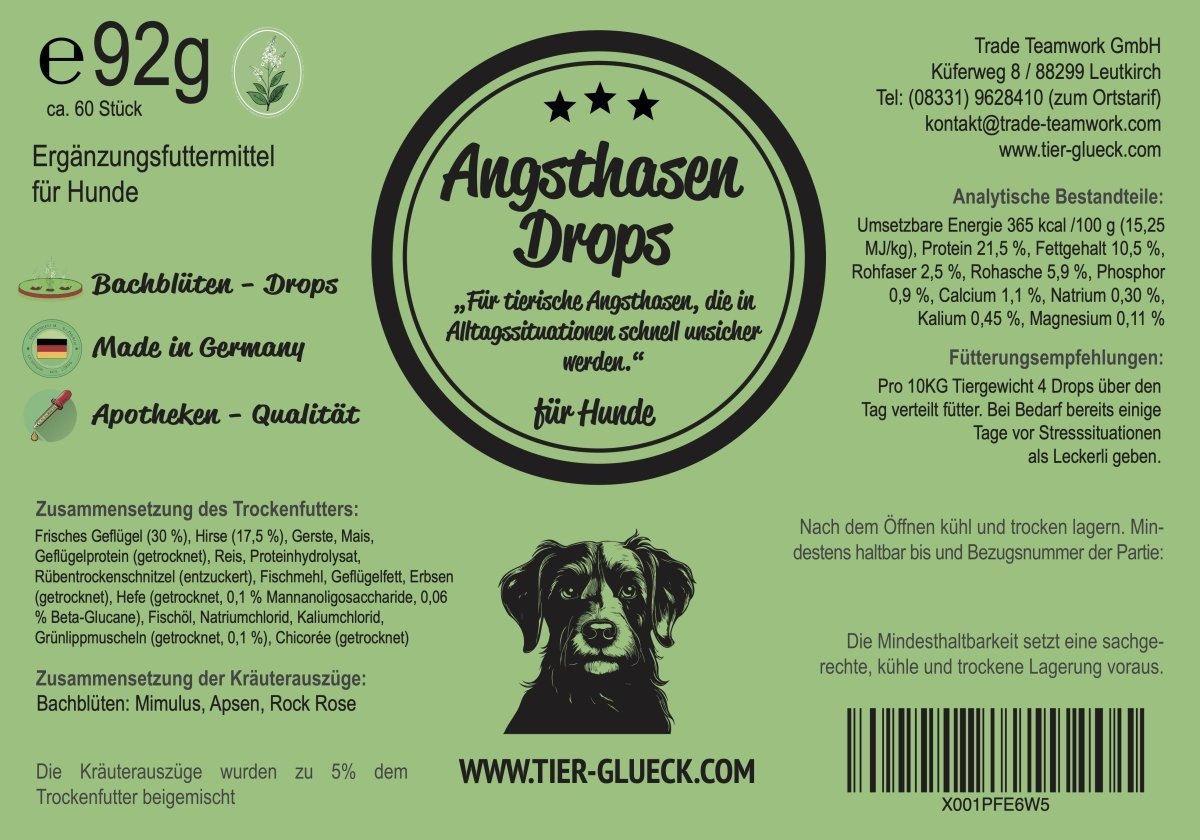Angsthasen Drops Hund – Natürliche Bachblüten - Leckerlis bei Angst, Stress & Nervosität - Tier Glück