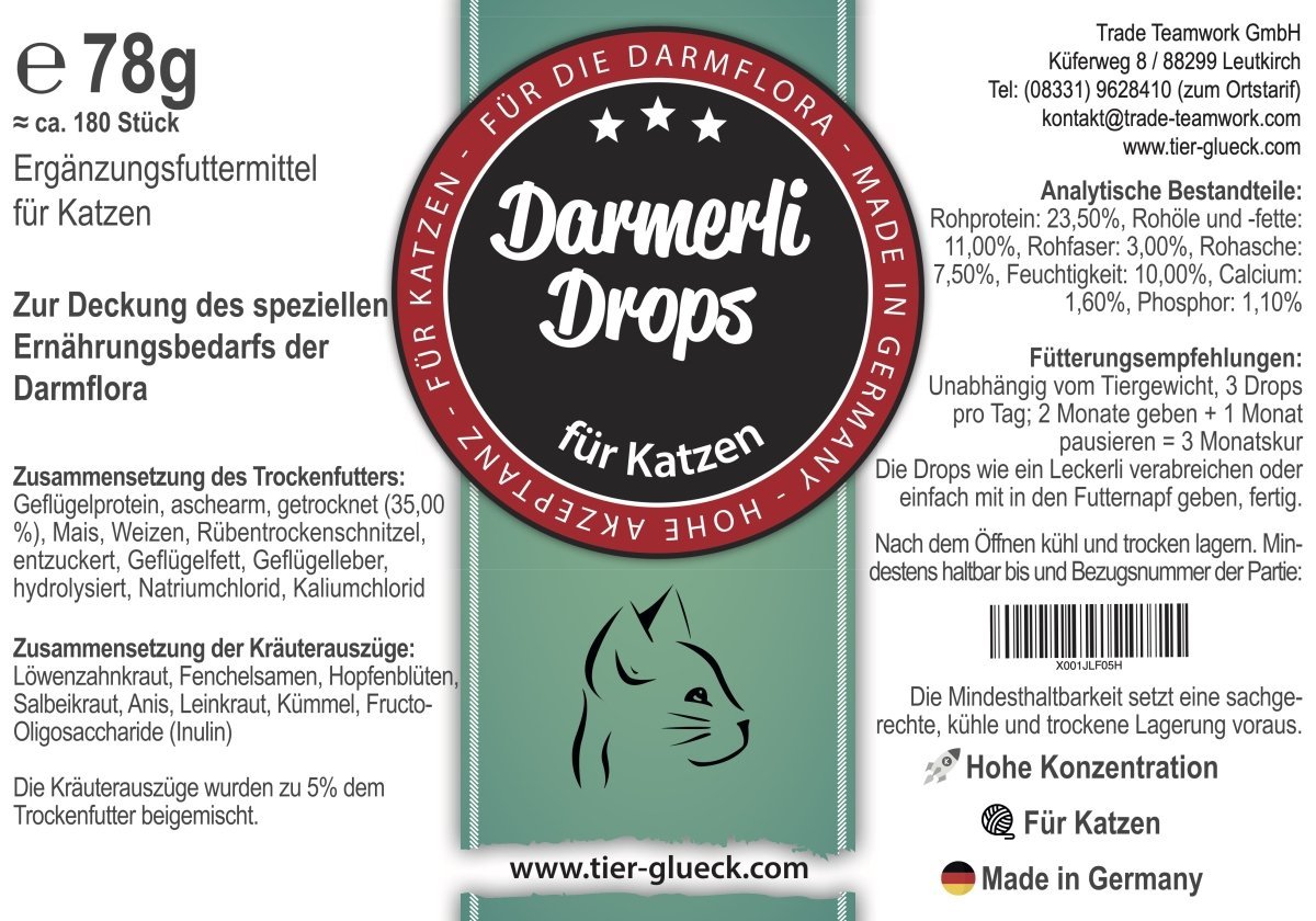 Darmerli Drops Katze – leckere Snacks für Katzen, natürliche Ergänzung zur Unterstützung von Darmfunktion und Darmgesundheit