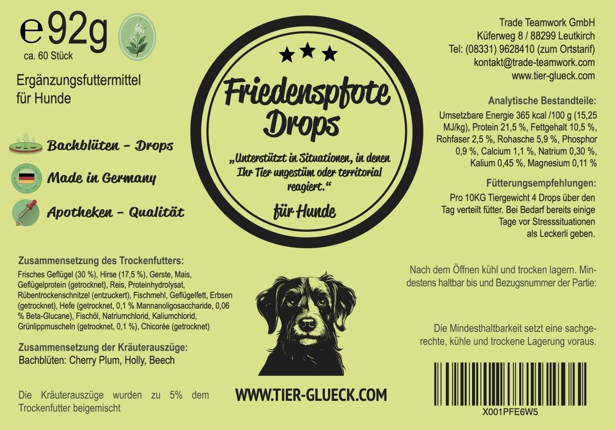 Friedenspfote Drops Hund – Natürliche Bachblüten - Leckerlis für Ruhe & Entspannung - Tier Glück