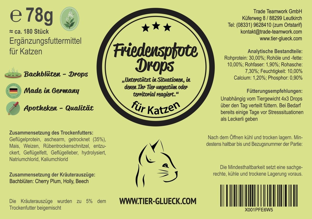 Friedenspfote Drops Katze – Natürliche Bachblüten - Leckerlis für Ruhe & Entspannung - Tier Glück