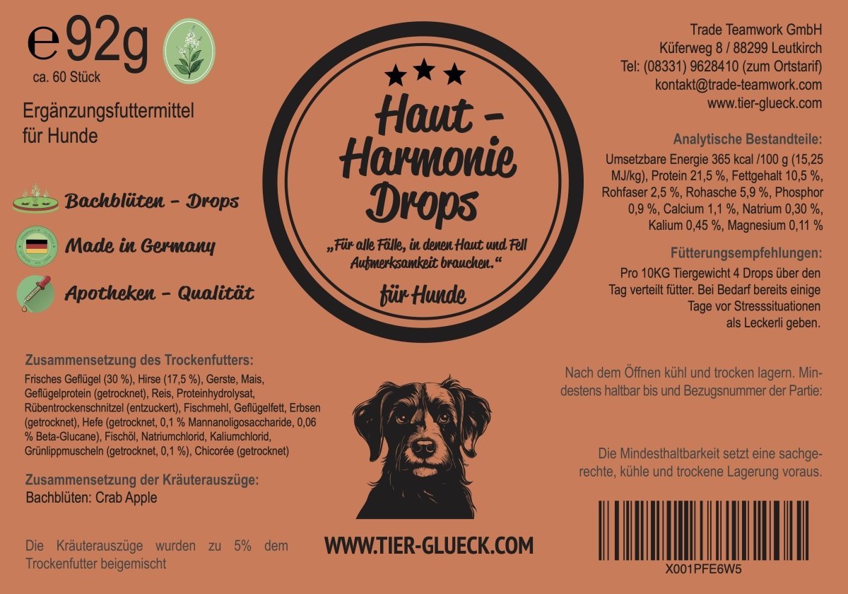 Haut - Harmonie Drops Hund – Natürliche Bachblüten - Leckerlis für Haut & Fellpflege - Tier Glück