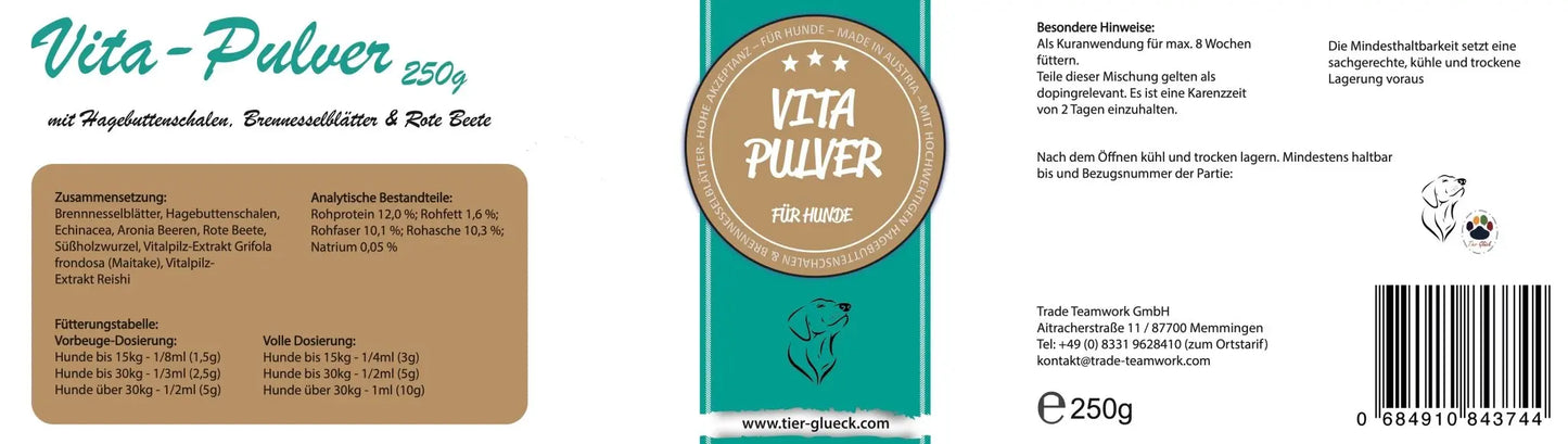 Vita Pulver mit Brennnessel, Rote Beete, Hagebutten & Vitapilz-Extrakt - für Hunde - Tier Glück