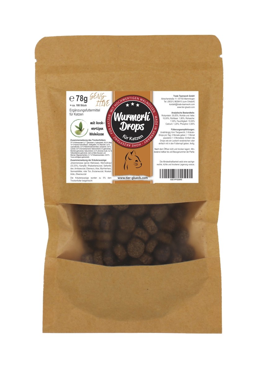 Wurmerli® Drops für sensible Katzen – heilt Wurmbefall sanft mit grüner Walnuss, Wermut & Angelikawurzel ohne Chemie