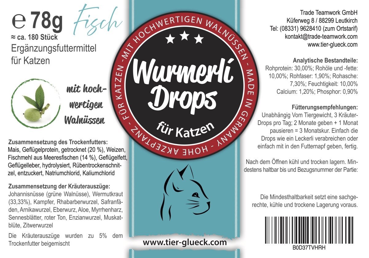 Katzenleckerlis Wurmerli Drops – leckere Snacks mit Fischgeschmack, natürliche Ergänzung für Entwurmung, Wurmtablette