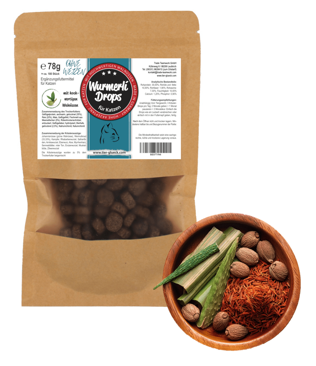 Wurmerli® Drops Katze – Natürliche Drops ohne Weizen | Pflanzliche Rezeptur für Katzen - Tier Glück