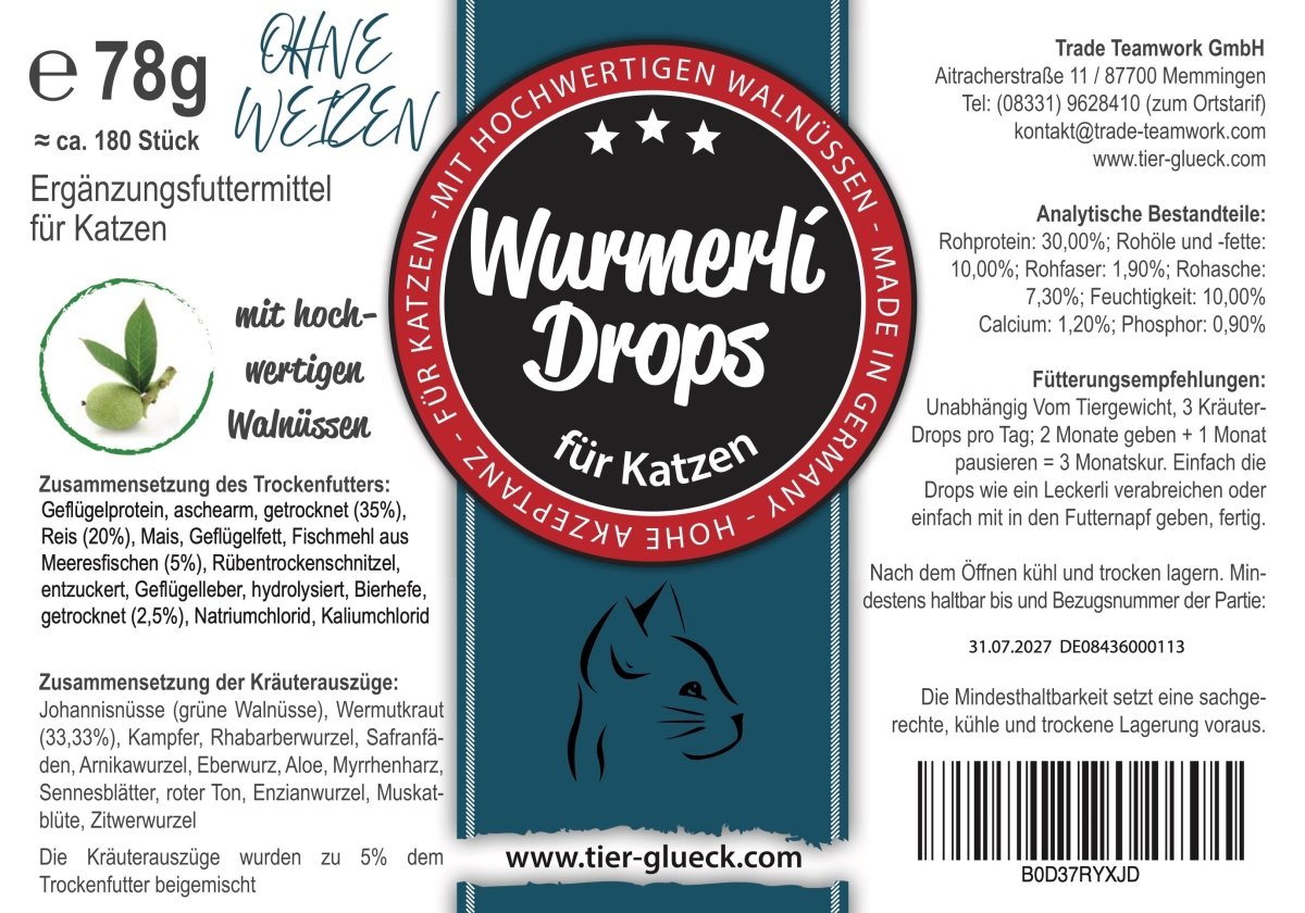 Wurmerli Drops Katze, ohne Weizen – Natürliche Alternative zur Wurmkur mit Walnuss, Wermut & Angelikawurzel - Tier Glück
