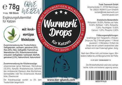 Wurmerli Drops Katze, ohne Weizen – Natürliche Alternative zur Wurmkur mit Walnuss, Wermut & Angelikawurzel - Tier Glück