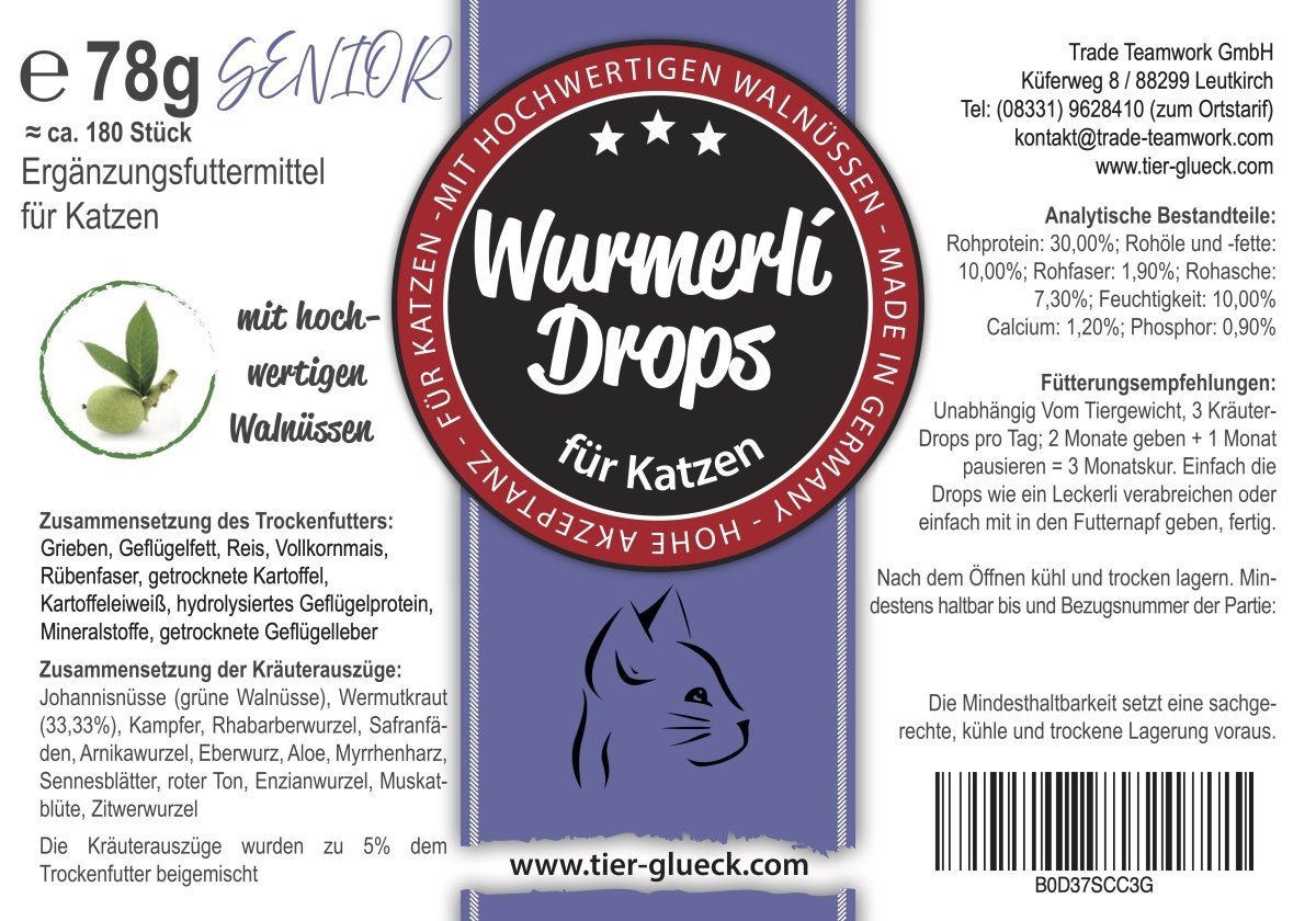 Senioren Leckerlis Wurmerli Drops – gesunde Snacks für ältere Katzen oder Hunde, natürliche Entwurmung bei Wurmbefall