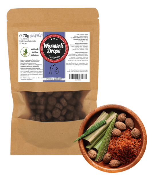 Wurmerli® Drops Senior Katze – Natürliche Drops ohne Chemie | Pflanzliche Rezeptur für ältere Katzen - Tier Glück