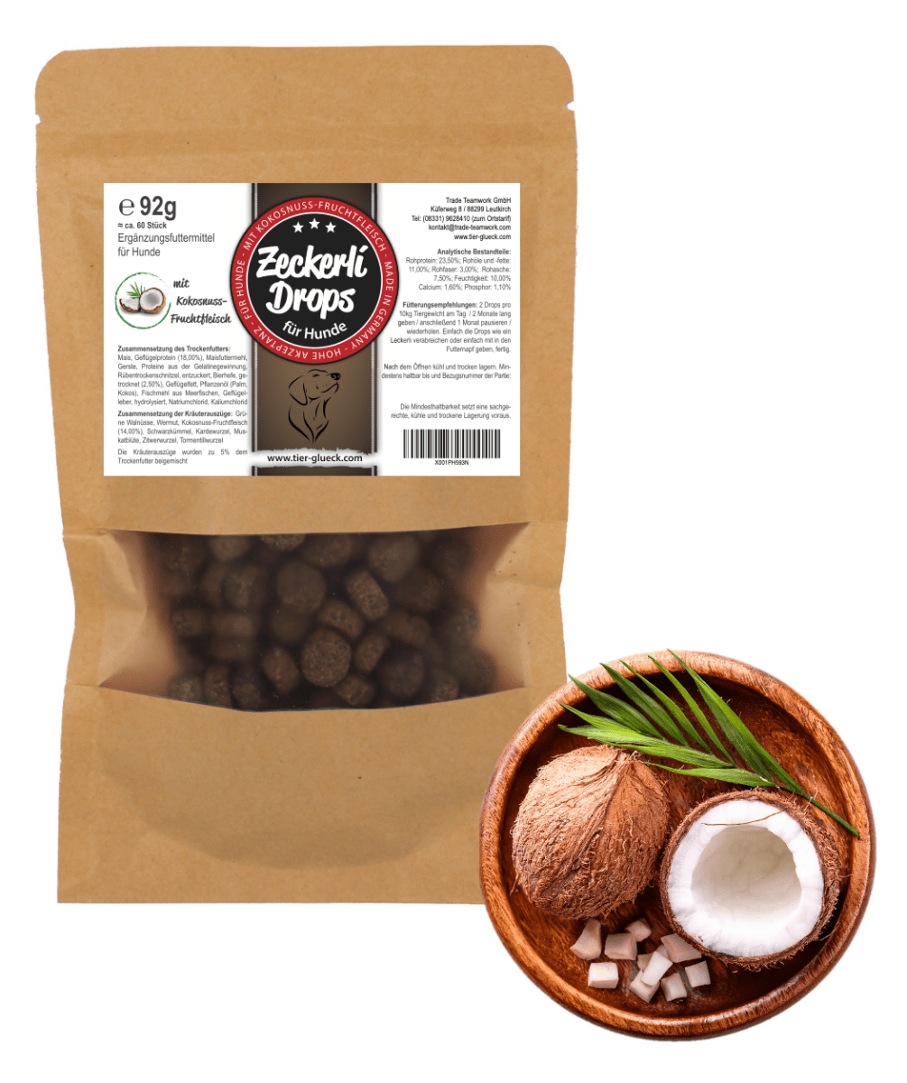 Zeckerli® Drops Hund – Natürliche Ergänzung mit Kokosnuss, Kardewurzel & Zitwerwurzel - Tier Glück
