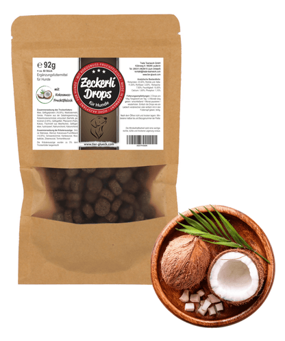 Zeckerli® Drops Hund – Natürliche Ergänzung mit Kokosnuss, Kardewurzel & Zitwerwurzel - Tier Glück